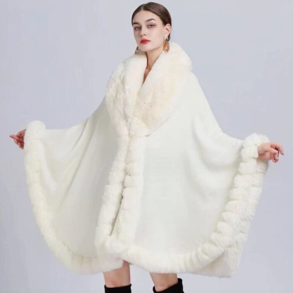 Womens Fur Trim Shawl  Ponchos Cape Loose Fit Cardigan Coats Tops white